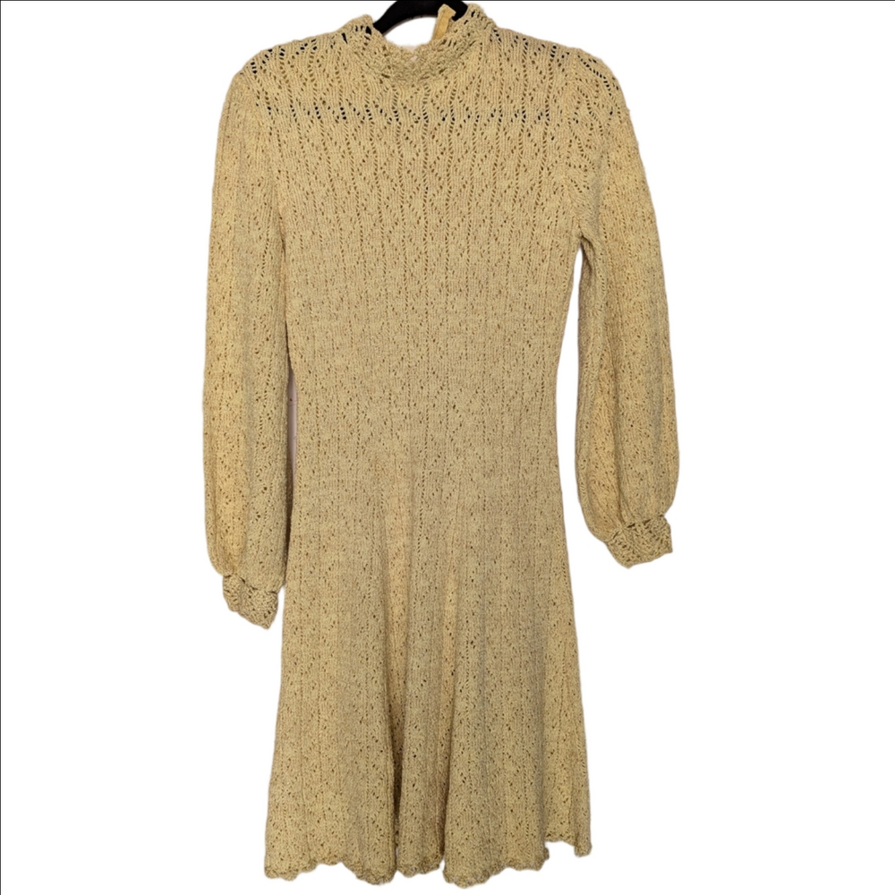 💛 Vintage Crochet Yellow Knit Dress Gold Thread Gathered Sleeves Flare Skirt